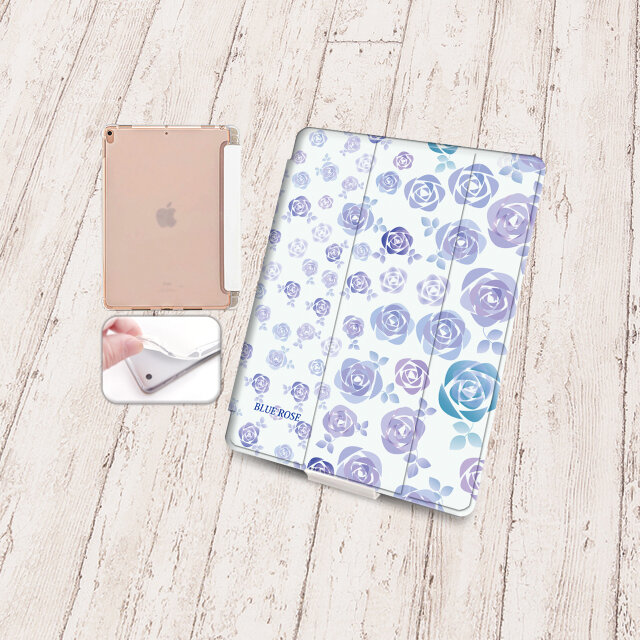 手帳型iPadケース【バックカバー：ソフトタイプ】片面印刷/カメラ穴有【スィートブルーローズⅡ】