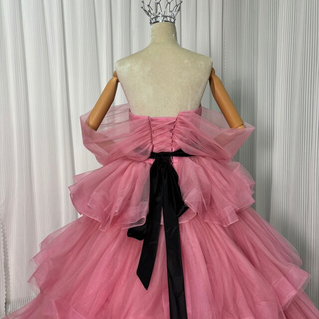 カラードレス ローズピンク オフショルダー サッシュベルト
