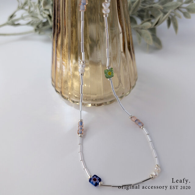 ミルフィオリと淡水パールのビーズネックレス ビーズアクセサリー