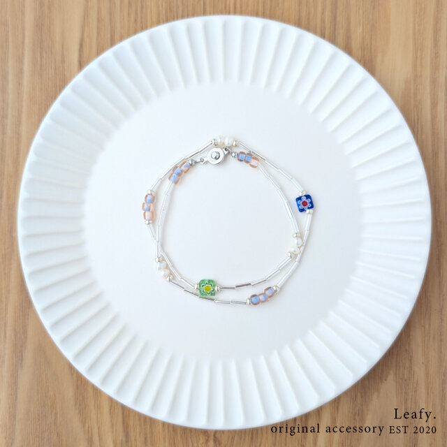 ミルフィオリと淡水パールのビーズネックレス ビーズアクセサリー 