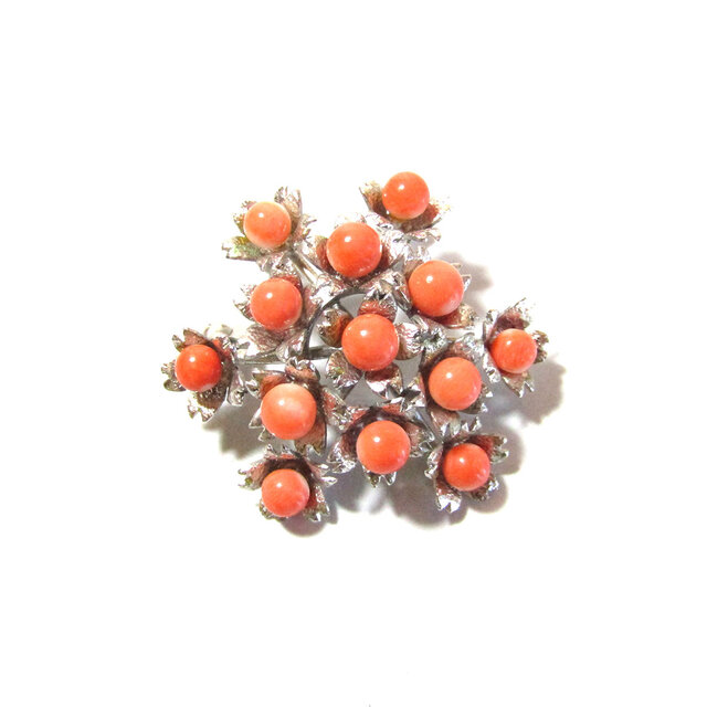 Vintage Coral & Silver 925 Flower Design Pendant Brooch
