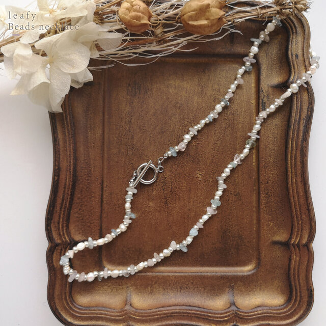 【1点もの】ハンドメイド ステンレス 淡水パール×天然石ネックレス マンテル アソート天然石×淡水パールのマンテルネックレス｜さざれ石