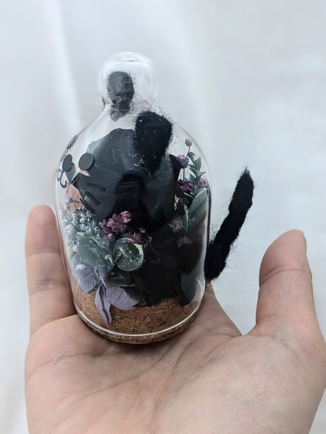 プリザーブドフラワー黒薔薇の魔法発動中シリーズ／黒猫ちゃんガラスドーム/羊毛猫耳と尻尾