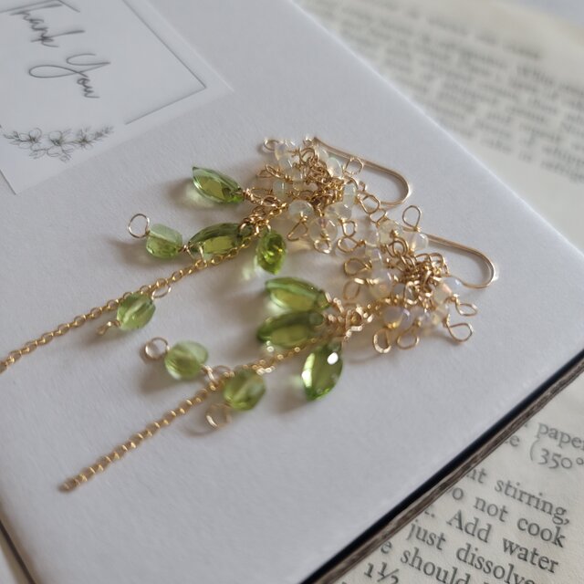 14kgfグリーンカラーオパールファセットカットピアス/イヤリング