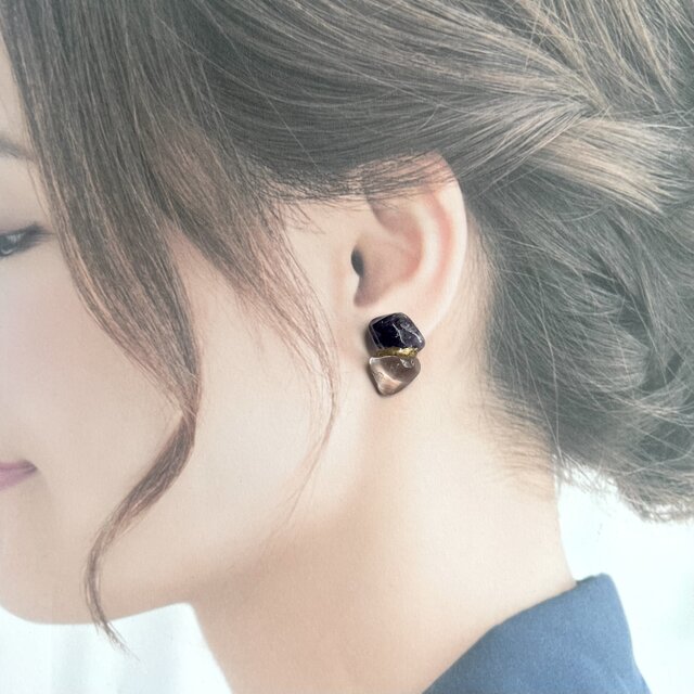金継ぎピアス／イヤリング｜珍しい白紫アメジストとガーデンクォーツの