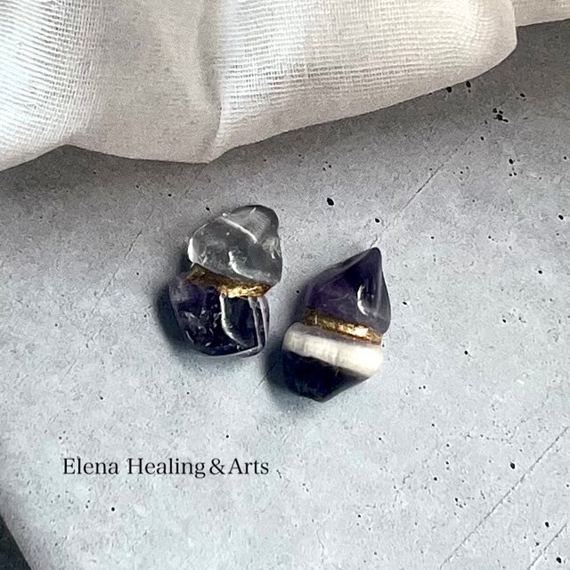 金継ぎピアス／イヤリング｜珍しい白紫アメジストとガーデンクォーツの一点もの〈癒しと静けさを宿す天然石〉