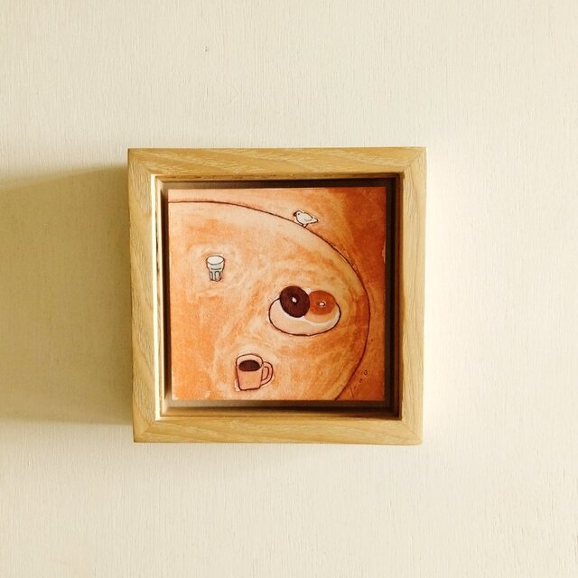 白文鳥のいる絵｜原画「おやつの時間2」※ボックス額縁入り