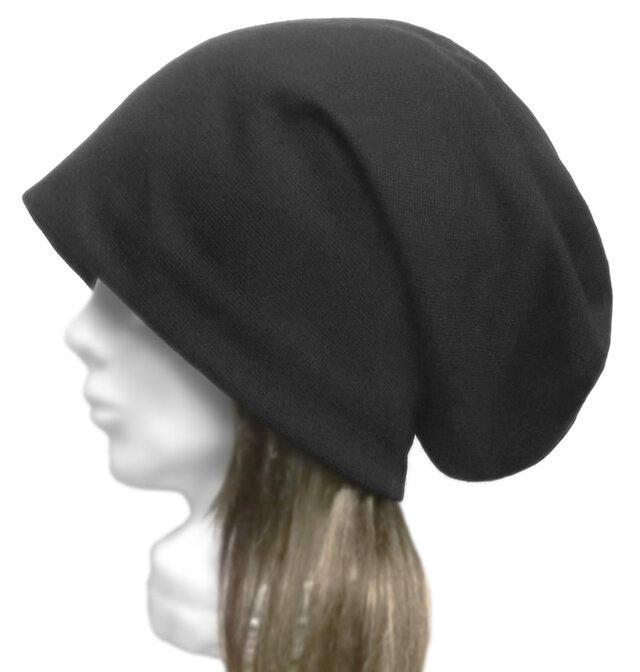 ロングルーズワッチキャップ◆変り織ハーフリネンニット／ブラック　◇ゆったりサイズ・小顔効果・オールシーズン着用◇