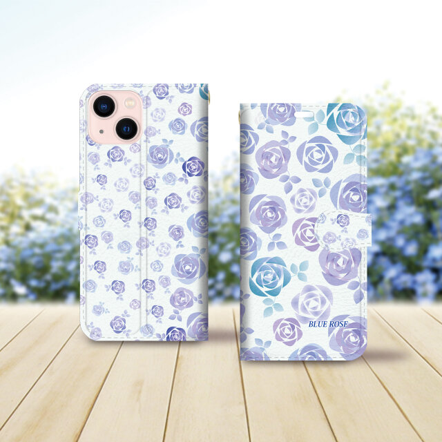 iPhone専用 手帳型スマホケース （カメラ穴あり/はめ込み式/スタンド機能付き）【スィートブルーローズⅡ】