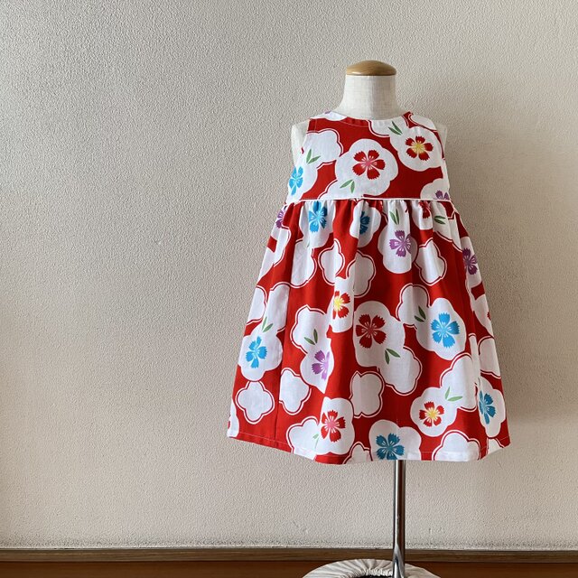 子供　浴衣地ひかえめフレアーワンピース　注染水玉なでしこ（赤地）　80-130サイズ〈受注製作〉