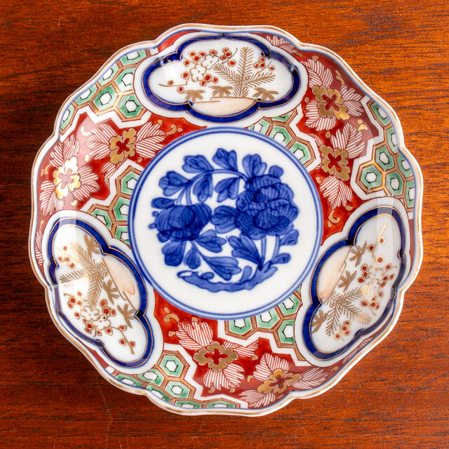 大聖寺伊万里 金襴手松竹梅牡丹文 五寸皿 明治時代 E1795B