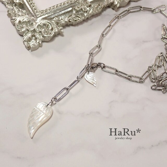 宝石質シェル（天使の羽）☆サージカルステンレスネックレス（5WAY）S