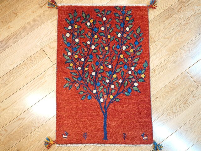 ペルシャ ギャッベ ソファ前 120×83 茜色 生命の木 花 ペルシャ