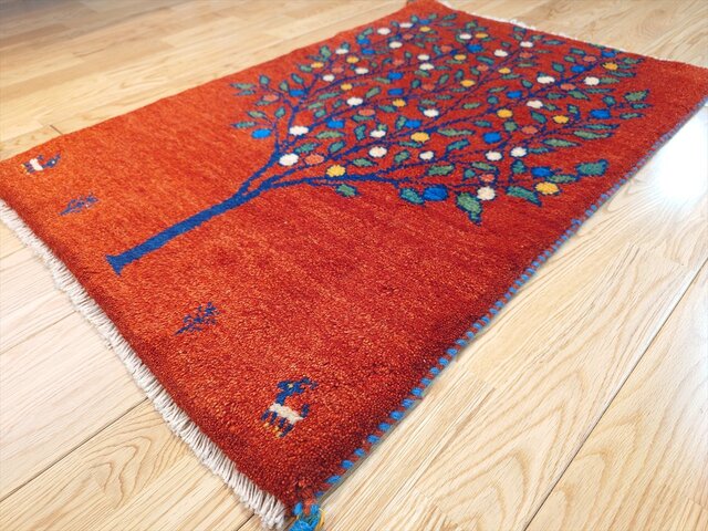 ペルシャ ギャッベ 玄関マット ラグ 88x60cm 茜色 椿のような