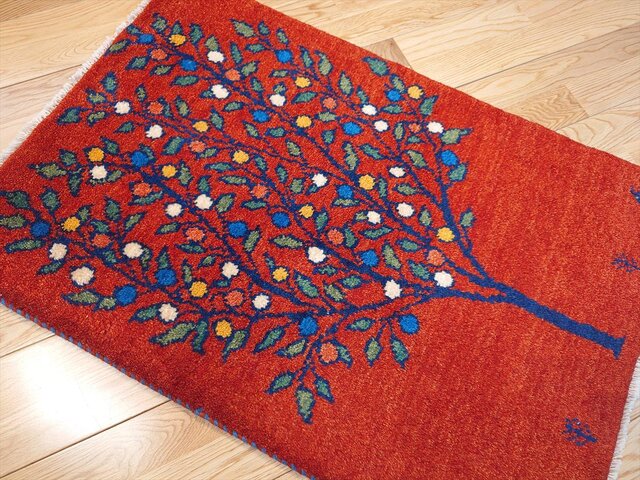 ペルシャ ギャッベ 玄関マット ラグ 88x60cm 茜色 椿のような生命の木