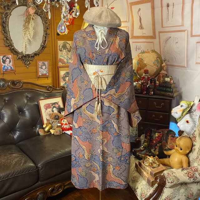 0118-248 着物リメイク　ワンピース　 着物 リメイク ロング ワンピース ドレス 洗える 化繊 名古屋帯