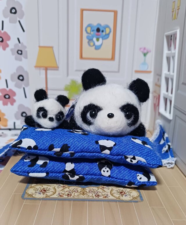 羊毛フェルト パンダ親子 ブルーの布団セット | iichi 日々の暮らしを