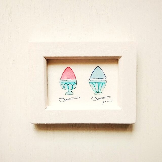 小さな絵｜原画「かき氷」※木製ミニ額縁入り