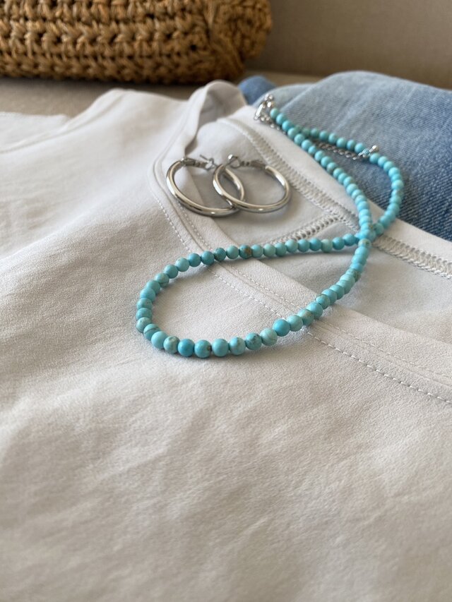 ターコイズ一連ネックレス 4.5ｍｍマグネサイトターコイズネックレス38.5～43.5ｃｍアジャスター