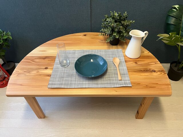 送料無料】 ローテーブル 半円 収納付き90cm 60cm 杉 折り畳み脚