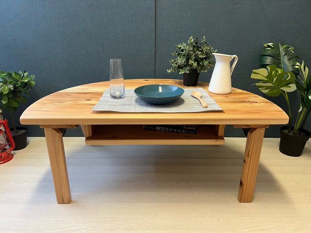 【送料無料】 ローテーブル 半円 収納付き90cm 60cm 杉 折り畳み脚 送料無料】 ローテーブル 半円 収納付き90cm 60cm 杉 折り畳み脚