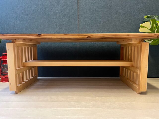 送料無料】 ローテーブル 和風 木組縦格子 収納付き90cm 45cm 杉