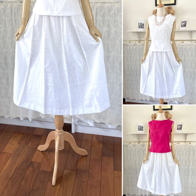 白リネンの10枚剥ぎスカート『サイズフリー・ピンタック・Aライン・ロング・ホワイトリネン・ウエストゴム』