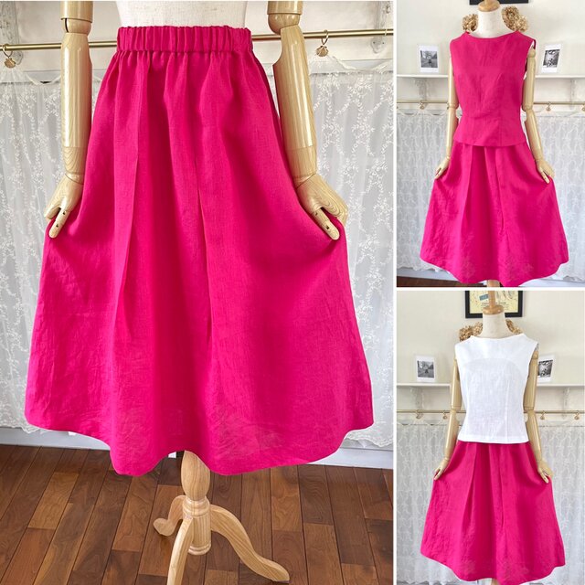 鮮やかなピンクリネンのスカート『ギャザー・タック・サイズフリー・ウエストゴム・ロング・パリのリネン』
