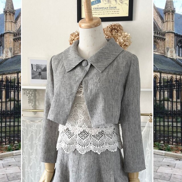 モノトーン・ツイード調リネンの襟付きボレロ『ショートジャケット・ハオリモノ』