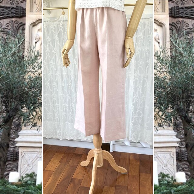 大人ピンクのリネンパンツ『脚長見え・サイズフリー・ウエストゴム・ポケット付き・ピンタック』