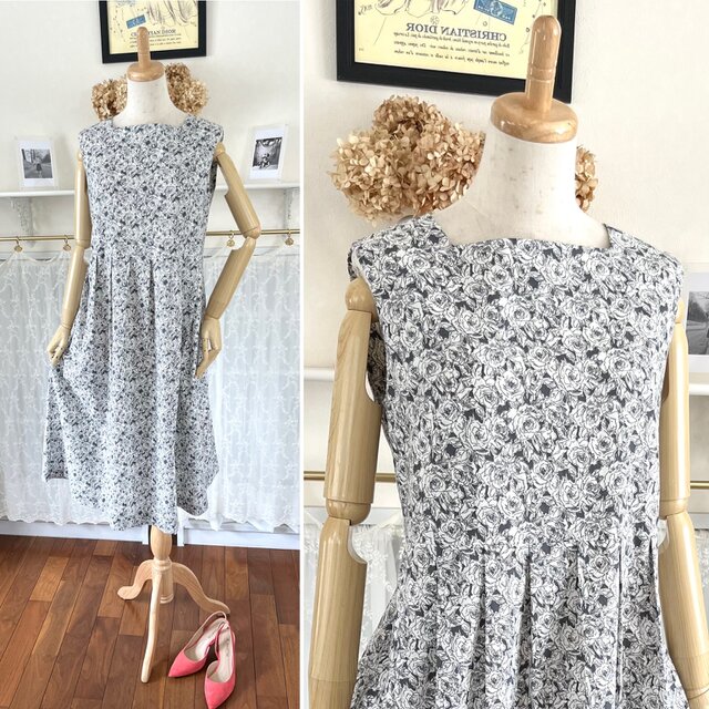 花柄コットンリネンのノースリーブワンピース『サリー』綿麻・グレー系・スクエアネック・タックスカート・ジャンパースカート