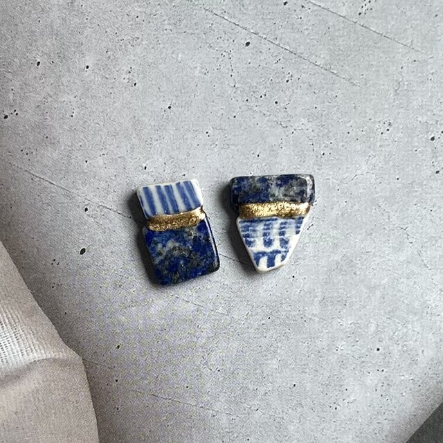 シー陶器 × 金継ぎ｜アシンメトリーピアス／イヤリング（再生の海の