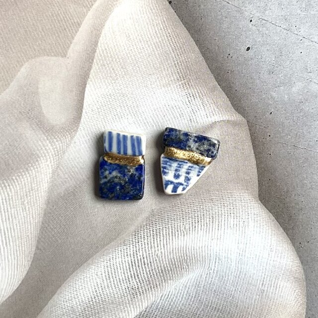 シー陶器 × 金継ぎ｜アシンメトリーピアス／イヤリング（再生の海の