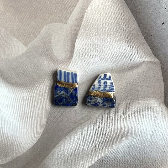 シー陶器 × 金継ぎ｜アシンメトリーピアス／イヤリング（再生の海の