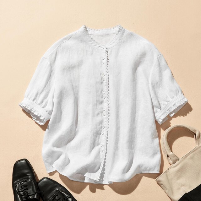 上品な着こなしに♪ リネン100% バンドカラーシャツ リネンブラウス 半袖シャツ　ホワイト　250509-1