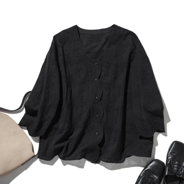 優雅で快適な七分袖レースカーディガン　刺繍コットン100％　ブラック　250511-3