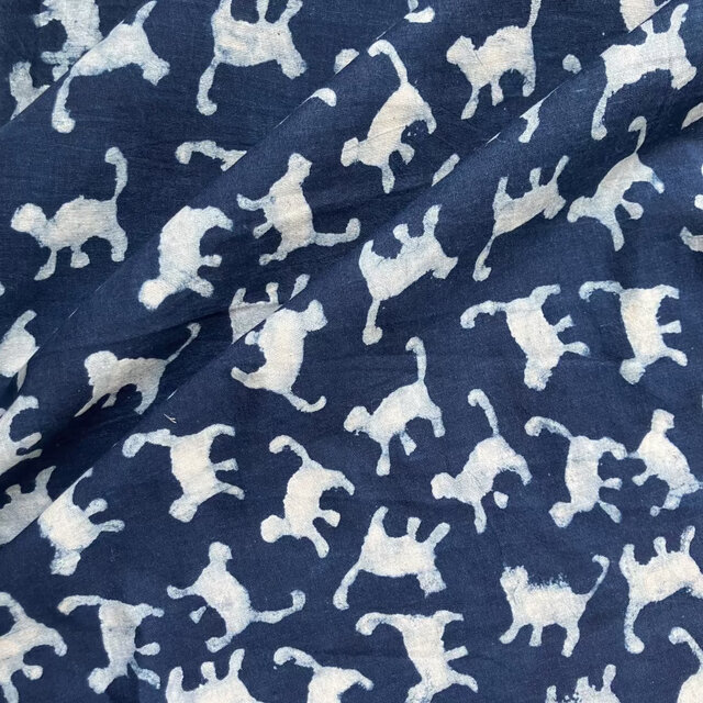 インド ブロックプリント生地 [50cmカット済み] インディゴブルーキャット SA 猫 ねこ 藍染 IF0257