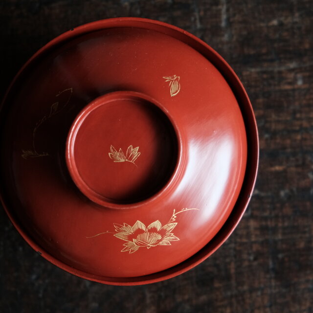 花と蝶々◇古輪島塗 漆芸沈金蓋付椀 古漆器 骨董・antiques 古