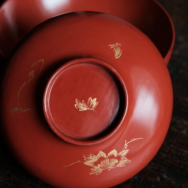 花と蝶々◇古輪島塗 漆芸沈金蓋付椀 古漆器 骨董・antiques 古