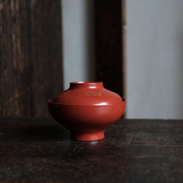 花と蝶々◇古輪島塗 漆芸沈金蓋付椀5客セット 赤 骨董・antiques 大正