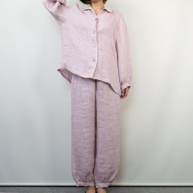 癒しのWガーゼリネンパジャマ　【パステルローズ・ML・袖丈長め・貝ボタン・パフスリーブ】