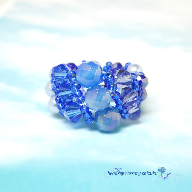 天然石ストライプリング＊10号＊フラッシュブルーカルセドニー