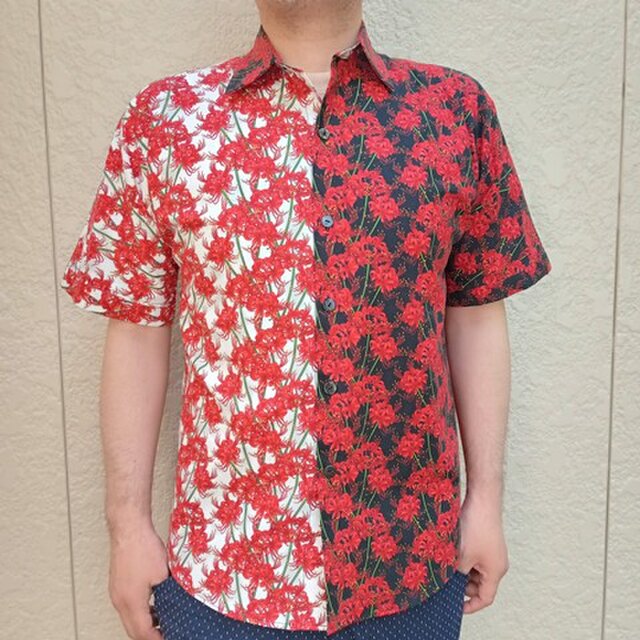 半袖和柄シャツ（彼岸花）白黒