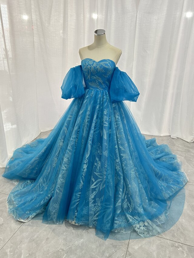 ライトブルー 襟付きパフスリーブドレス 4185a3cdc254302ff331ee91609b32