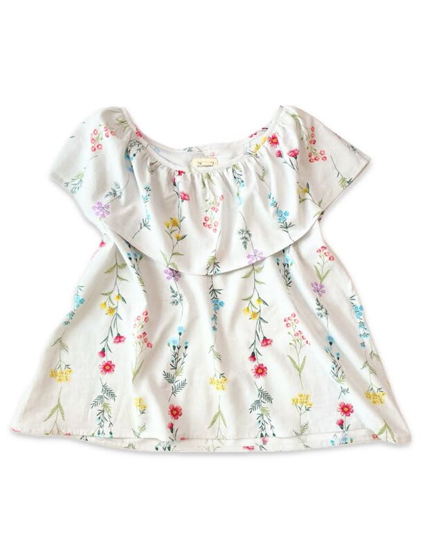 【70％OFF★期間限定セール】刺繍調＊ナチュラル押し花柄＊大人のフリルブラウス＊国産コットンリネン綿麻＊アイスグレー