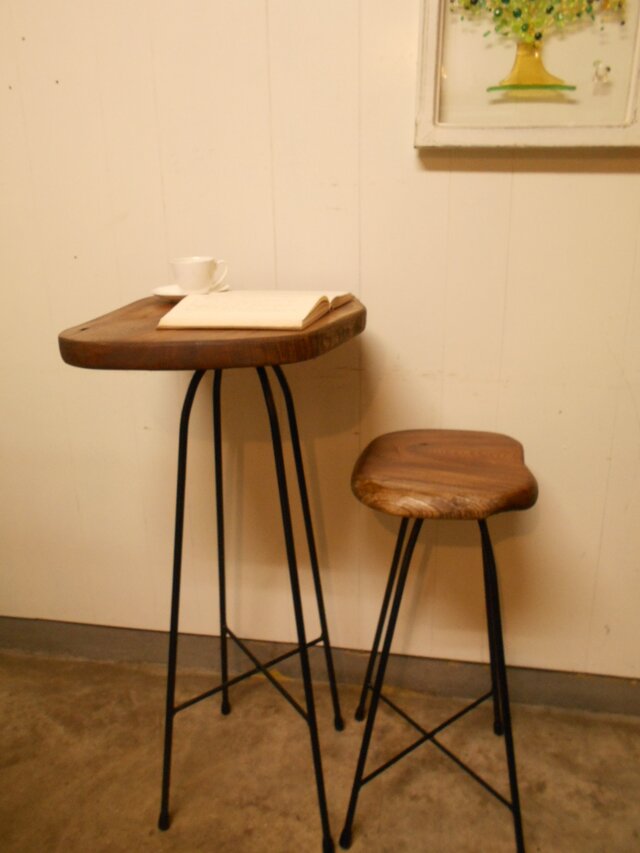 けやきアイアンカフェテーブルイスセット09-06　（テーブル高さ87㎝：高さ変更可能）