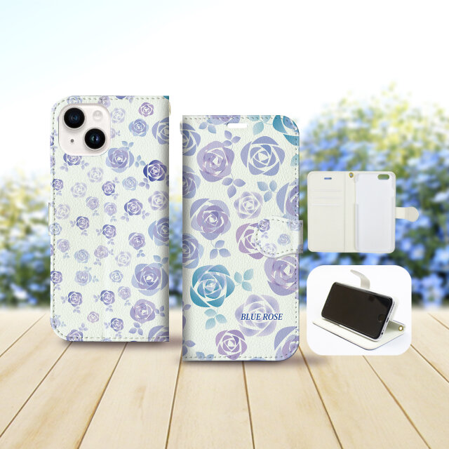 iPhone専用 手帳型スマホケース 【内側色：ホワイト仕様】カメラ穴有【スィートブルーローズⅡ】