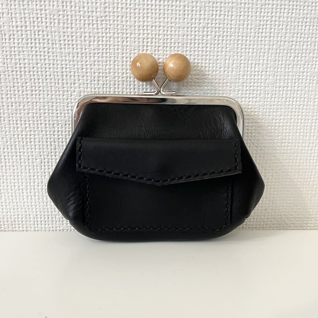 ぱかっと開くとお部屋が3つの親子がまぐち♪外ポッケが付いた木玉口金の四角い本革ミニ財布