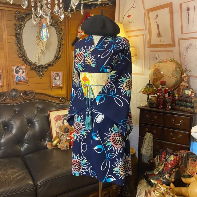 浴衣リメイク 藍染 ミニミディ ワンピース ドレス 名古屋帯サッシュ