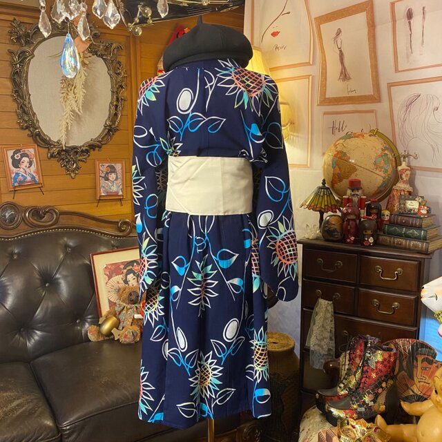 浴衣リメイク 藍染 ミニミディ ワンピース ドレス 名古屋帯サッシュ